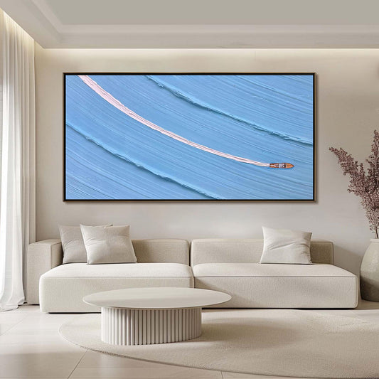 Textured Boat Painting, Minimalist Ocean Impasto Seascape, Coastal Canvas Art – Blue Ship Minimalist Wall Art | Impasto Paint