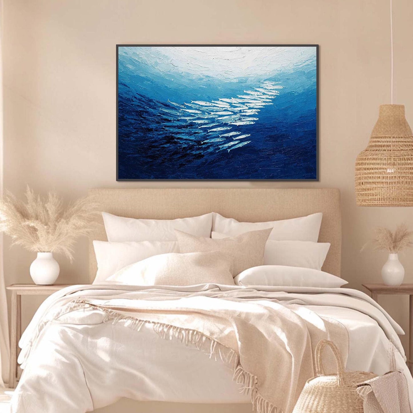 Blue Impasto School of Fish Ocean Wall Art – Textured Fish Painting