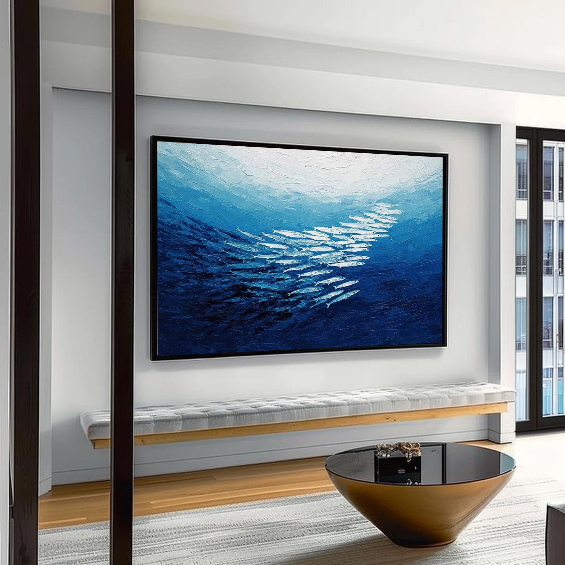 Textured Fish Painting, Blue Impasto Ocean Seascape, School of Fish Wall Art – Blue Underwater Ocean Wall Art | Impasto Paint