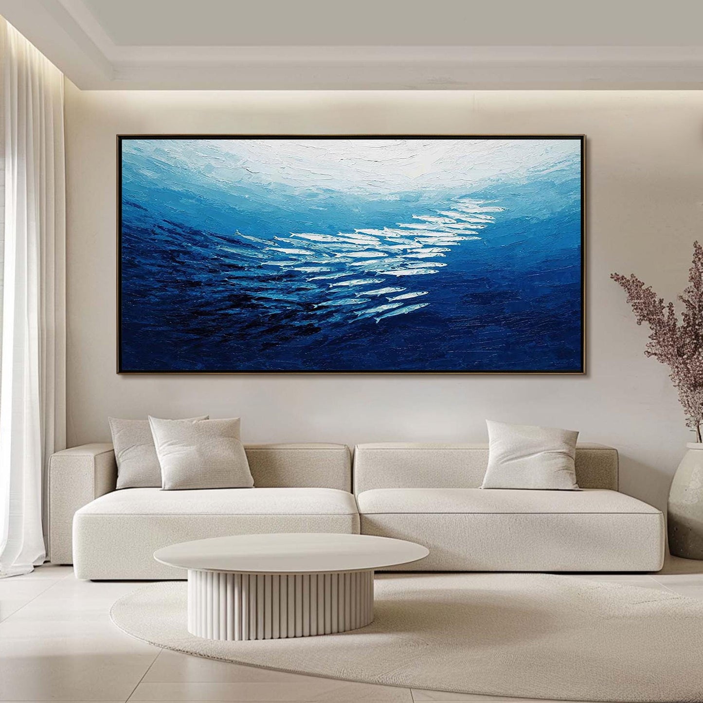 Textured Fish Painting, Blue Impasto Ocean Seascape, School of Fish Wall Art – Blue Underwater Ocean Wall Art | Impasto Paint