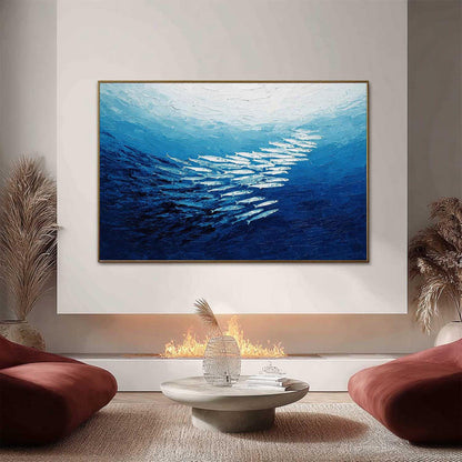 Textured Fish Painting, Blue Impasto Ocean Seascape, School of Fish Wall Art – Blue Underwater Ocean Wall Art | Impasto Paint