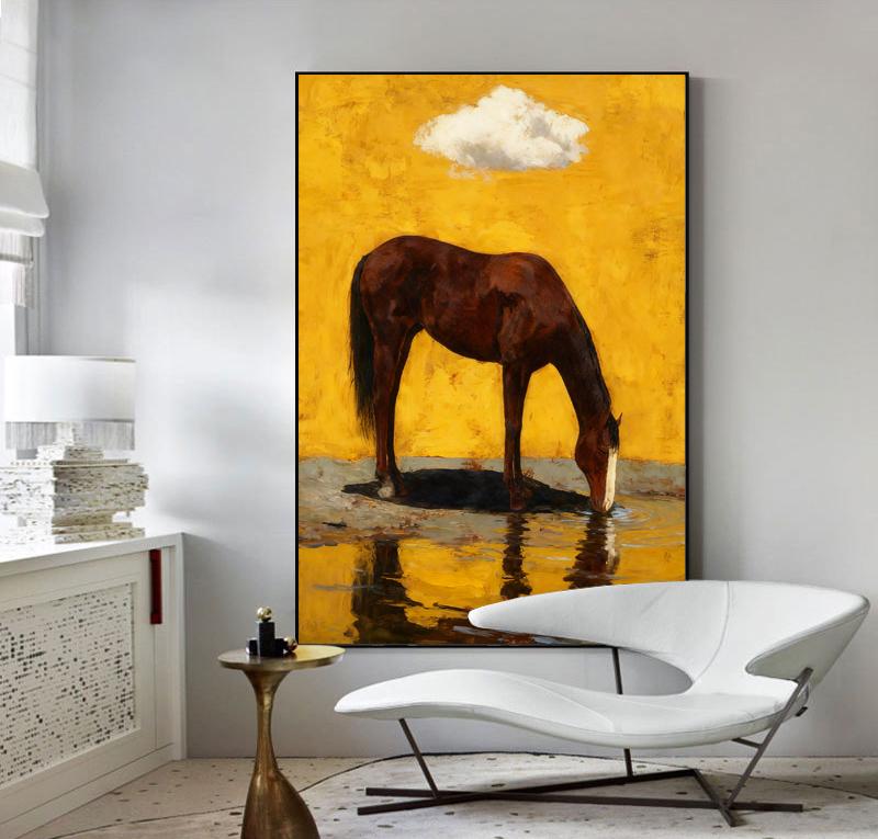 Impressionist Horse Oil Painting on Canvas, Original Chestnut Horse at Water's Edge Canvas Wall Art, Modern Animal Wall Art for Living Room