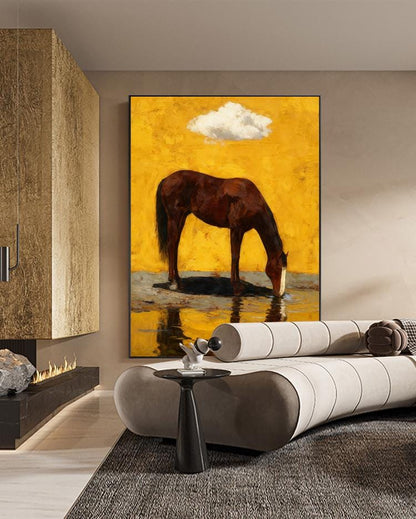 Impressionist Horse Oil Painting on Canvas, Original Chestnut Horse at Water's Edge Canvas Wall Art, Modern Animal Wall Art for Living Room