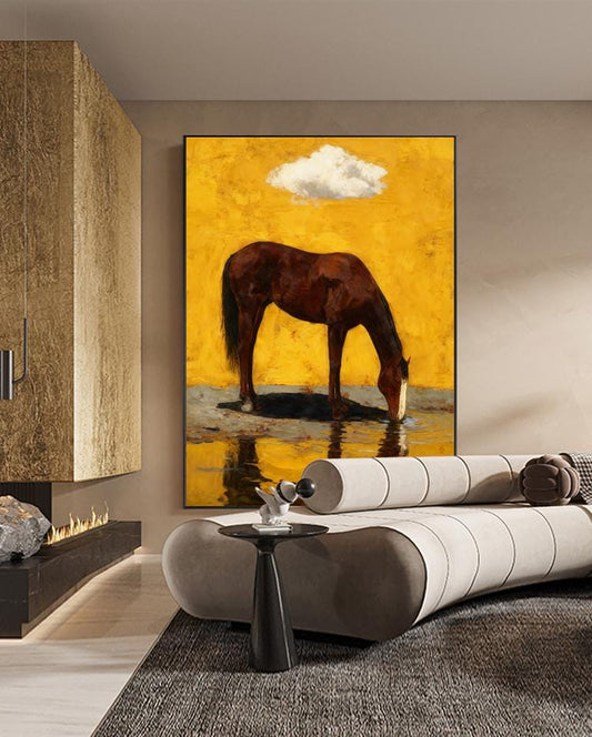 Impressionist Horse Oil Painting on Canvas, Original Chestnut Horse at Water's Edge Canvas Wall Art, Modern Animal Wall Art for Living Room
