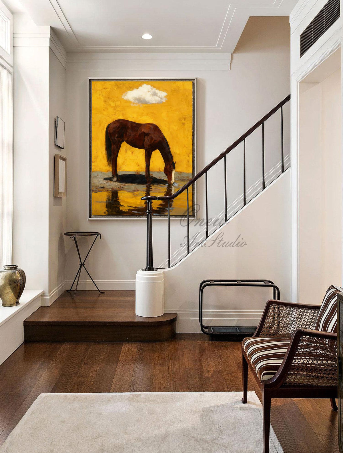 Impressionist Horse Oil Painting on Canvas, Original Chestnut Horse at Water's Edge Canvas Wall Art, Modern Animal Wall Art for Living Room