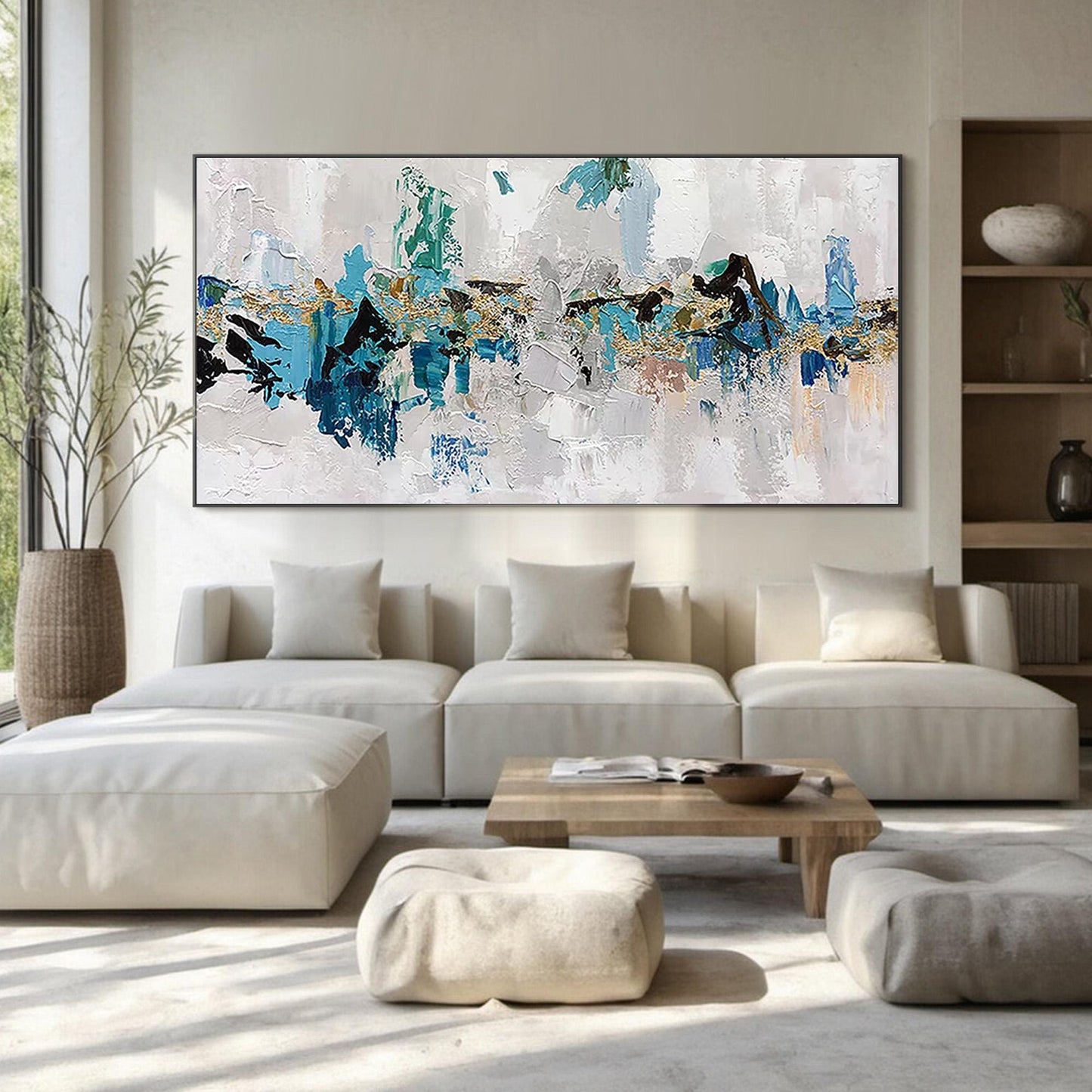Panoramic Blue and Gold Coastal Impasto Oil Painting – Abstract Wall Art