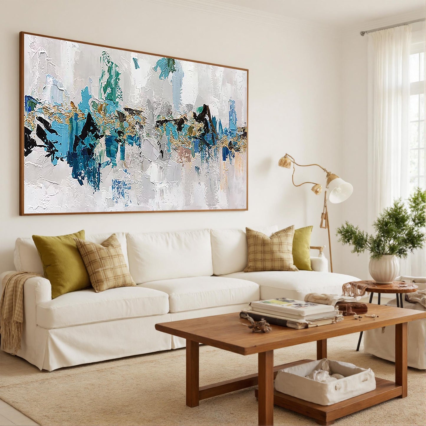 Large – Panoramic Blue and Gold Abstract Wall Art | Impasto Oil Painting, view 2