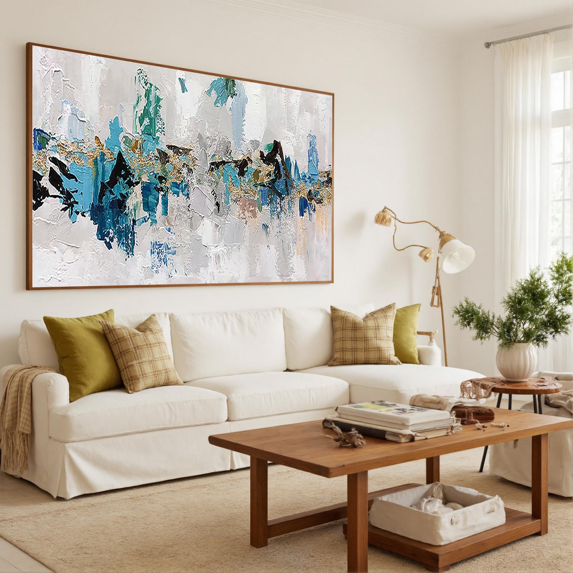 Large – Panoramic Blue and Gold Abstract Wall Art | Impasto Oil Painting, view 2