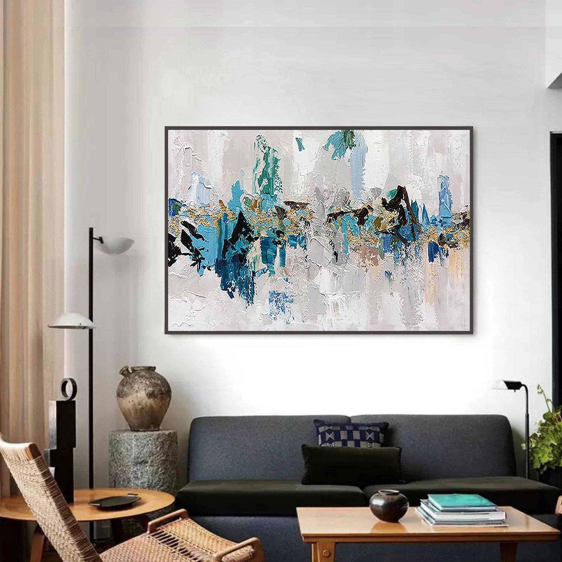Large – Panoramic Blue and Gold Abstract Wall Art | Impasto Oil Painting, view 4