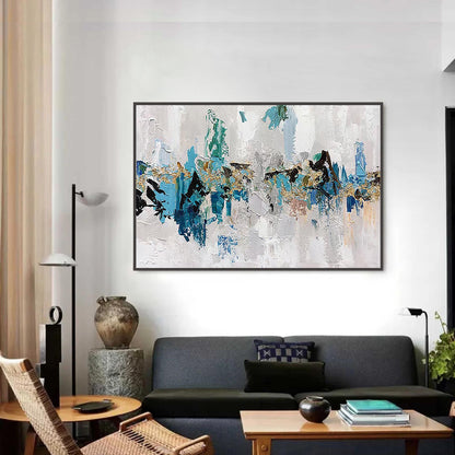 Large – Panoramic Blue and Gold Abstract Wall Art | Impasto Oil Painting, view 4