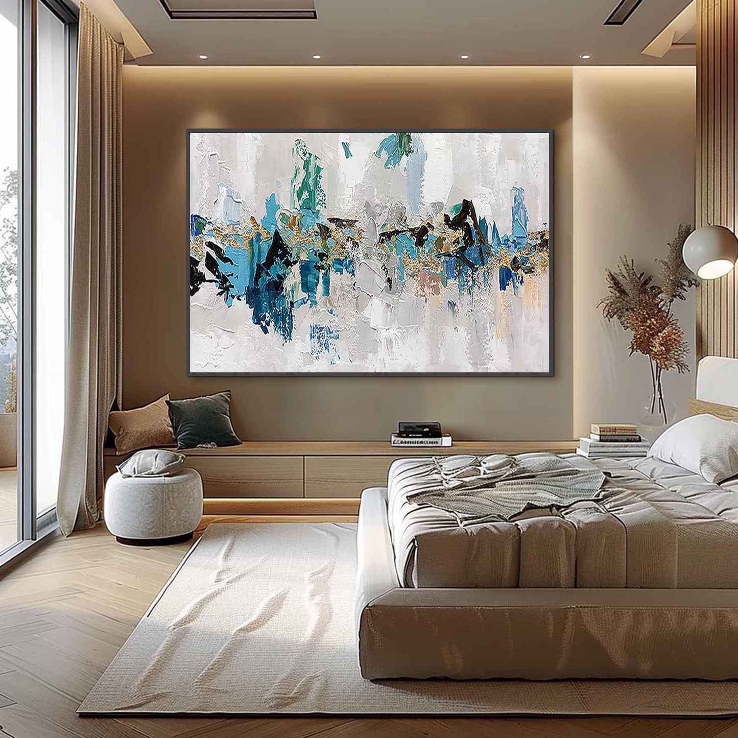 Panoramic Blue and Gold Coastal Impasto Oil Painting – Abstract Wall Art