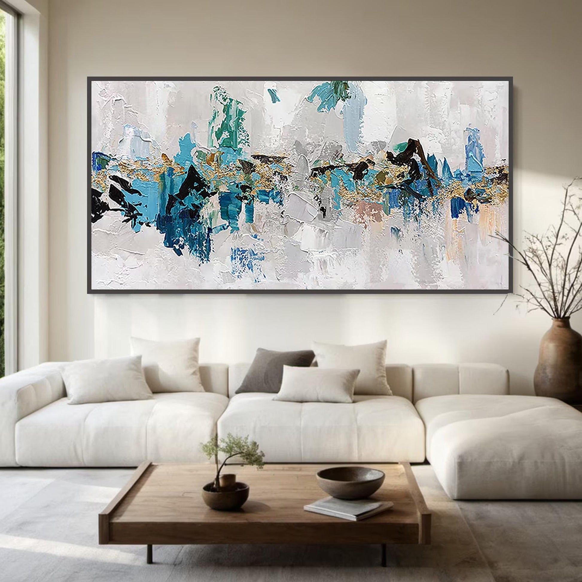 Large – Panoramic Blue and Gold Abstract Wall Art | Impasto Oil Painting, view 1
