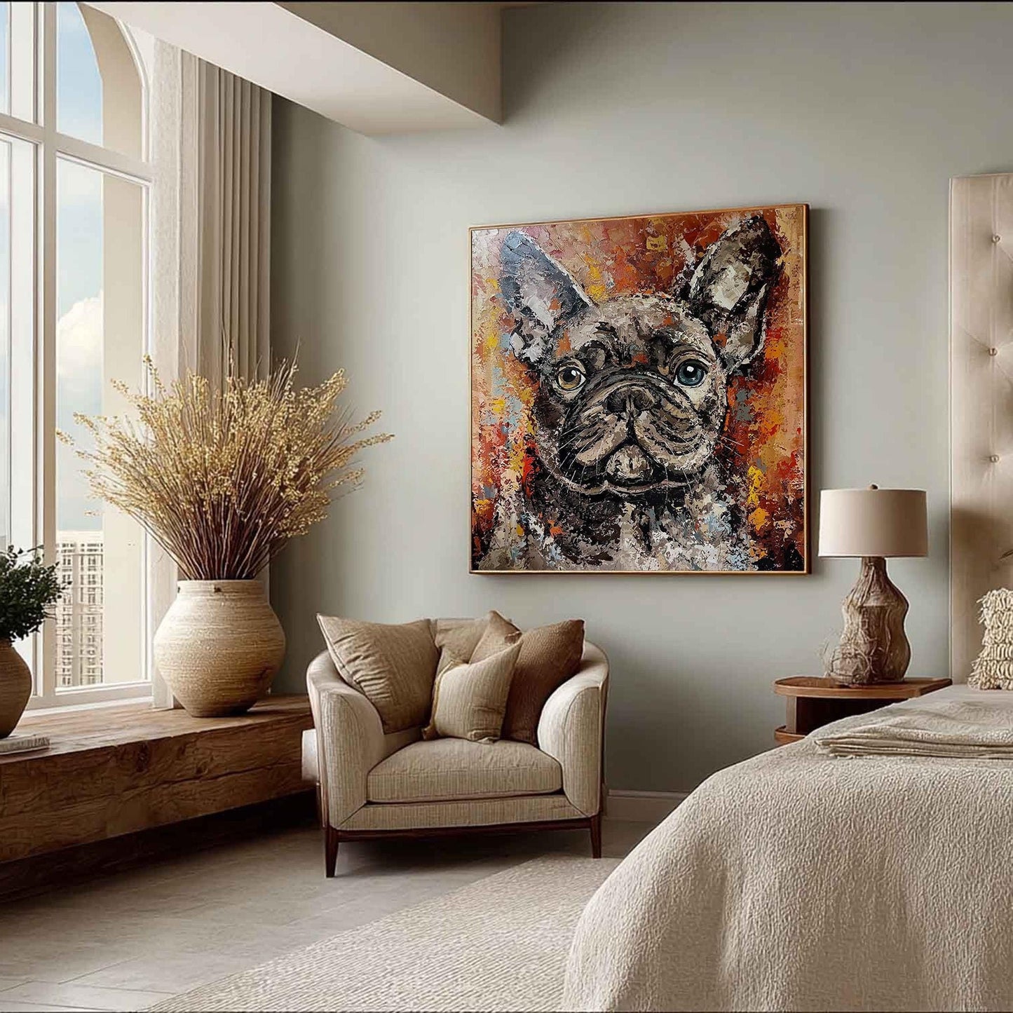 Colorful French Bulldog Painting, Textured Dog Art on Canvas, Impasto Pet Portrait, Modern Animal Wall Art,Palette Knife Art,