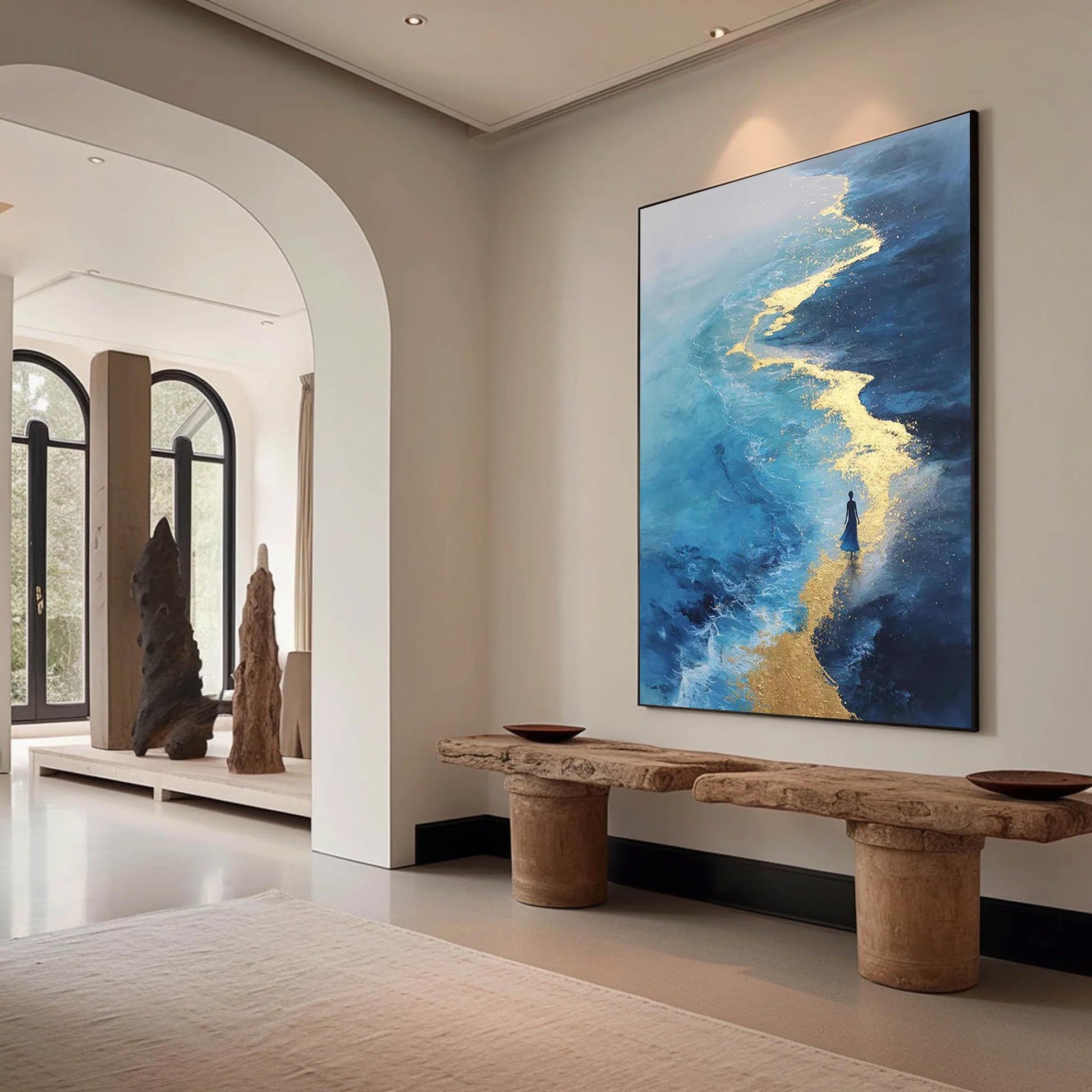 Blue and Gold – Blue and Gold Beach Seascape Wall Art | Abstract Textured Hand-Painted Painting, view 3