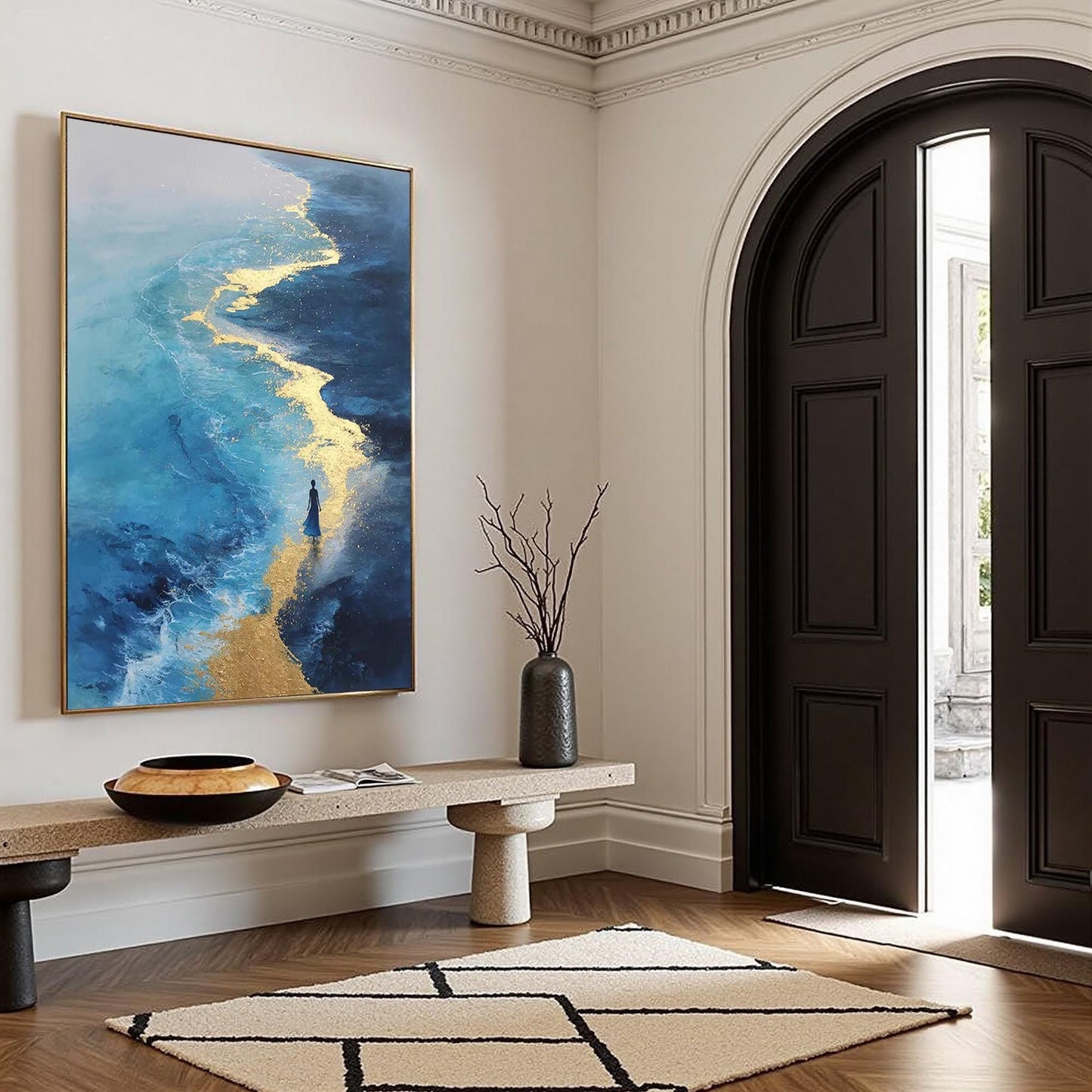 Blue and Gold – Blue and Gold Beach Seascape Wall Art | Abstract Textured Hand-Painted Painting, view 4