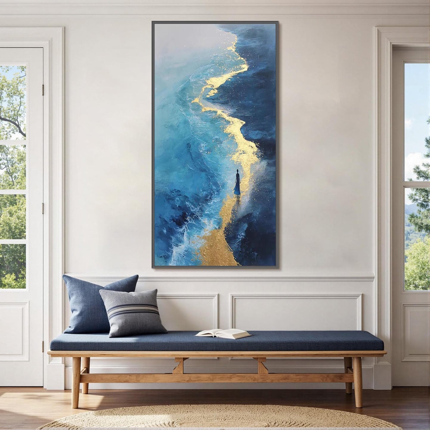 Blue and Gold Abstract Textured Beach Seascape Wall Art – Blue and Gold
