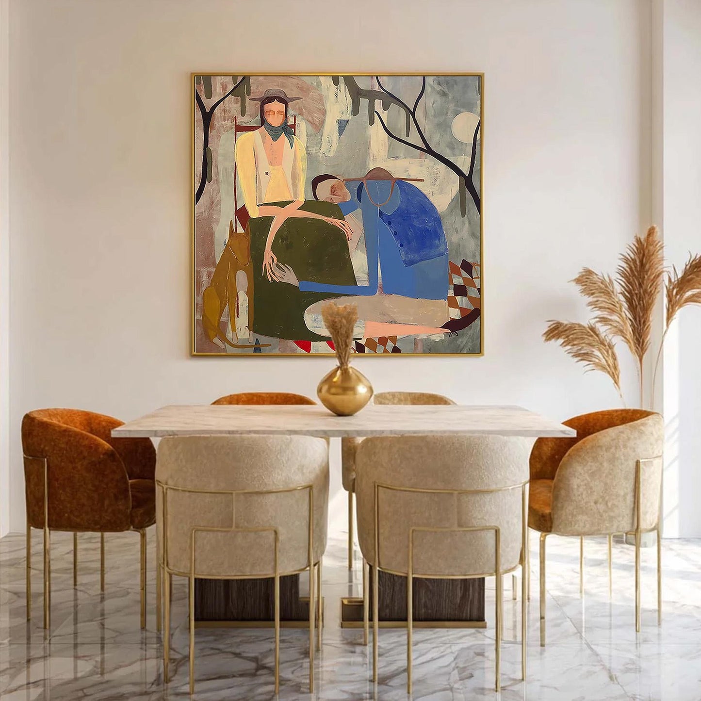 Abstract Couple Figure Portrait Wall Art – Folk Art with Dog, Earth Tones