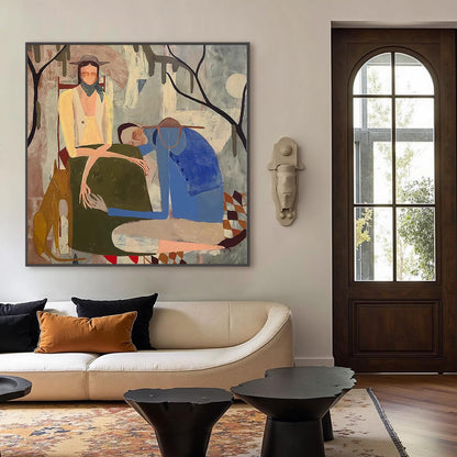 Abstract Couple Painting, Folk Art with Dog, Earth Tones, Large Square Canvas – Couple Figure Portrait Wall Art | Abstract Pa