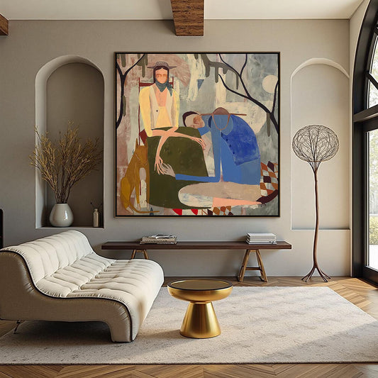 Abstract Couple Painting, Folk Art with Dog, Earth Tones, Large Square Canvas – Couple Figure Portrait Wall Art | Abstract Pa