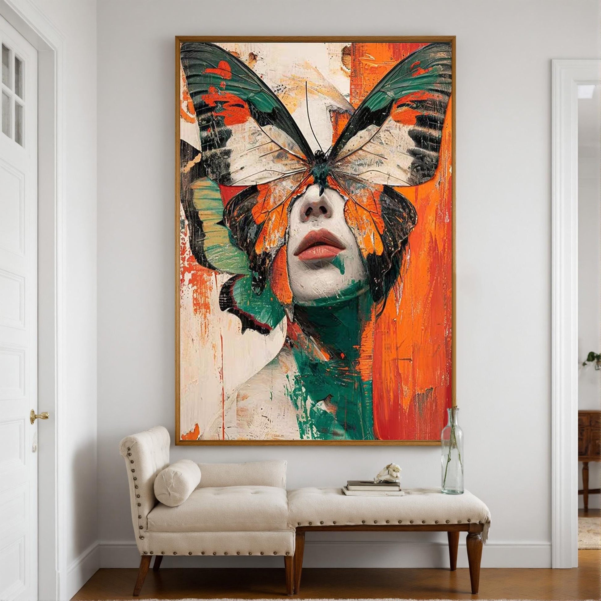 Abstract Butterfly Woman Painting, Surreal Figurative Wall Art, Original Textured Orange Green Art, Modern Portrait, Large Ca