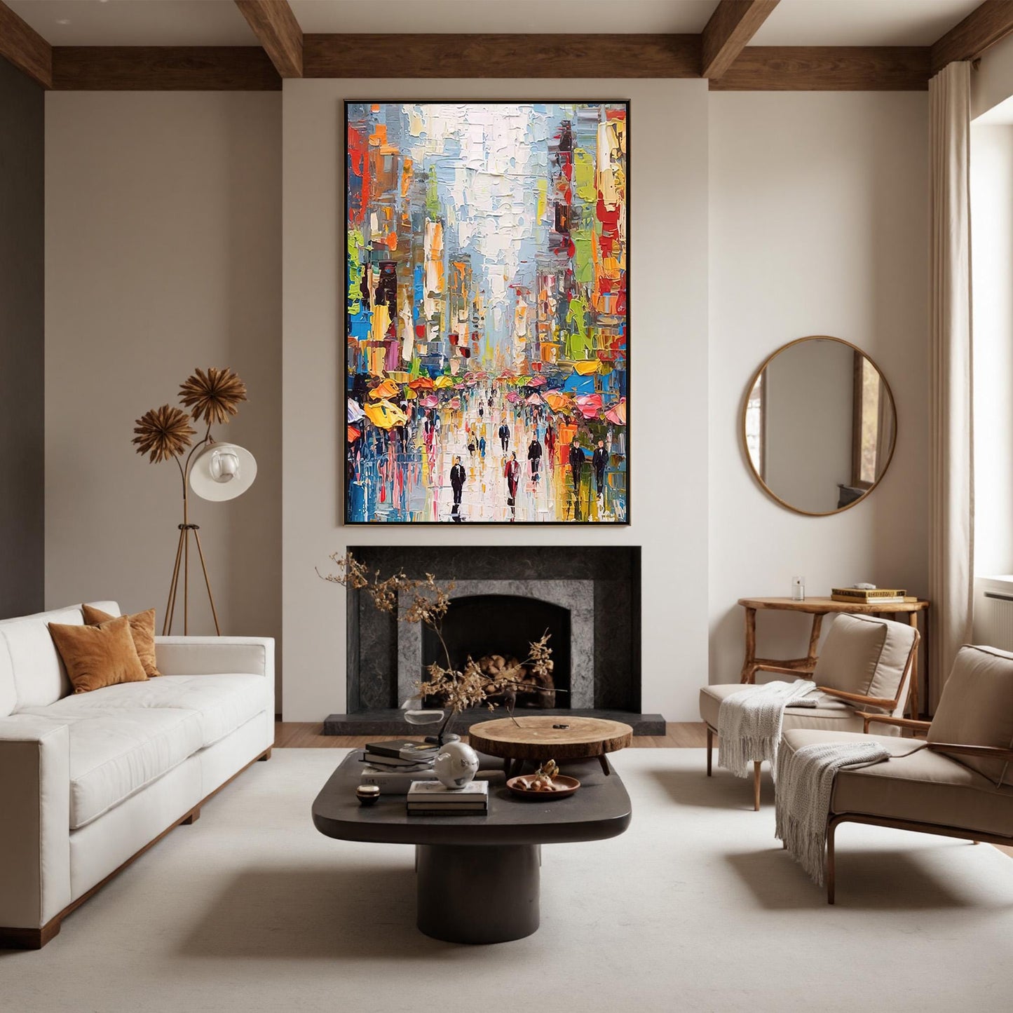 Colorful Abstract City Architecture Wall Art – Large Rainy Day Cityscape Painting