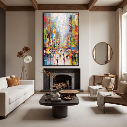 Colorful Abstract City Architecture Wall Art – Large Rainy Day Cityscape Painting