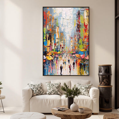 Colorful Abstract City Architecture Wall Art – Large Rainy Day Cityscape Painting