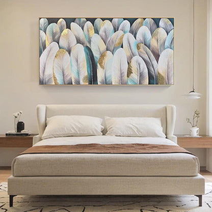 Panoramic Blue and Gold Abstract Textured Bird Animal Wall Art Painting