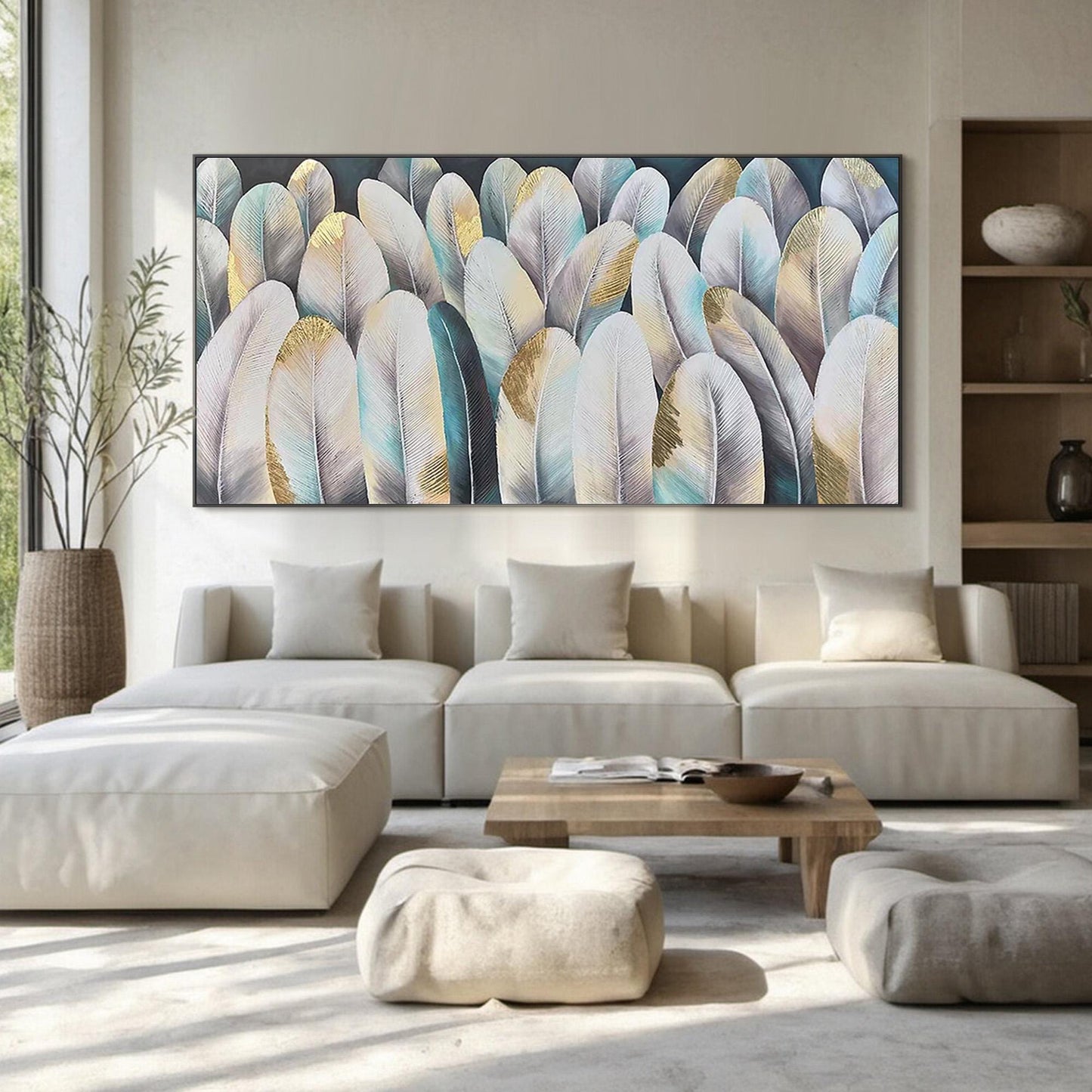 Large – Panoramic Blue and Gold Bird Animal Wall Art | Abstract Textured Hand-Painted Painting, view 1