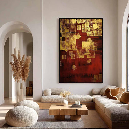 Gold and Red Abstract Textured Botanical Leaf Wall Art – Gold Leaf