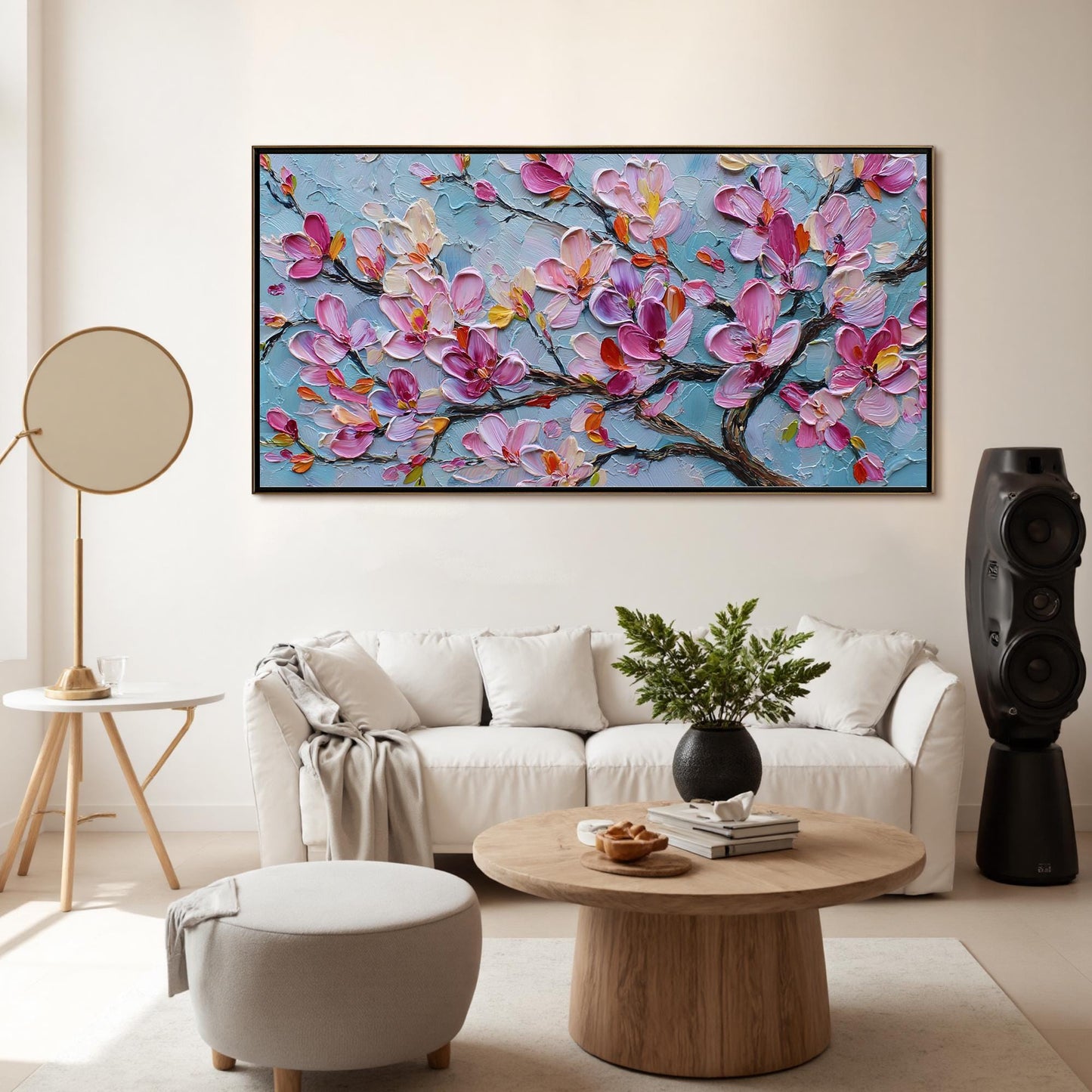 Textured Magnolia Oil Painting, Abstract Pink Floral Wall Art – Yellow and Pink Magnolia Floral Wall Art | Abstract Textured 