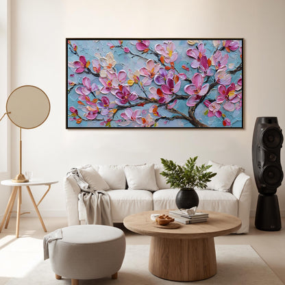 Textured Magnolia Oil Painting, Abstract Pink Floral Wall Art – Yellow and Pink Magnolia Floral Wall Art | Abstract Textured 
