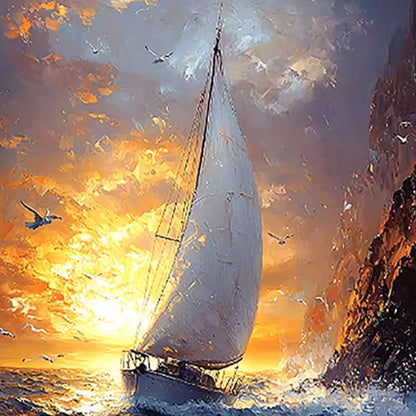 Textured Sailboat Painting, Large Ocean Wall Art, Impasto Seascape at Sunset, Dramatic Coastal Decor, Nautical Canvas Art for