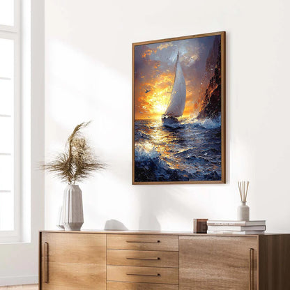 Textured Sailboat Painting, Large Ocean Wall Art, Impasto Seascape at Sunset, Dramatic Coastal Decor, Nautical Canvas Art for