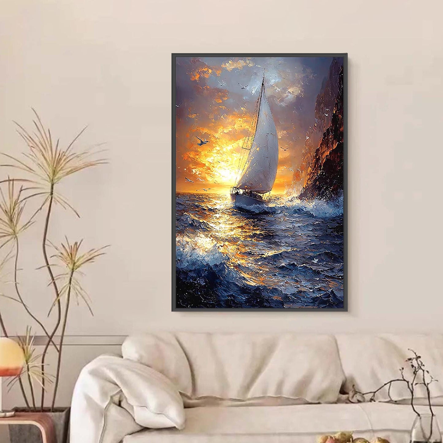 Gold Coastal Impasto Sailboat Seascape Wall Art