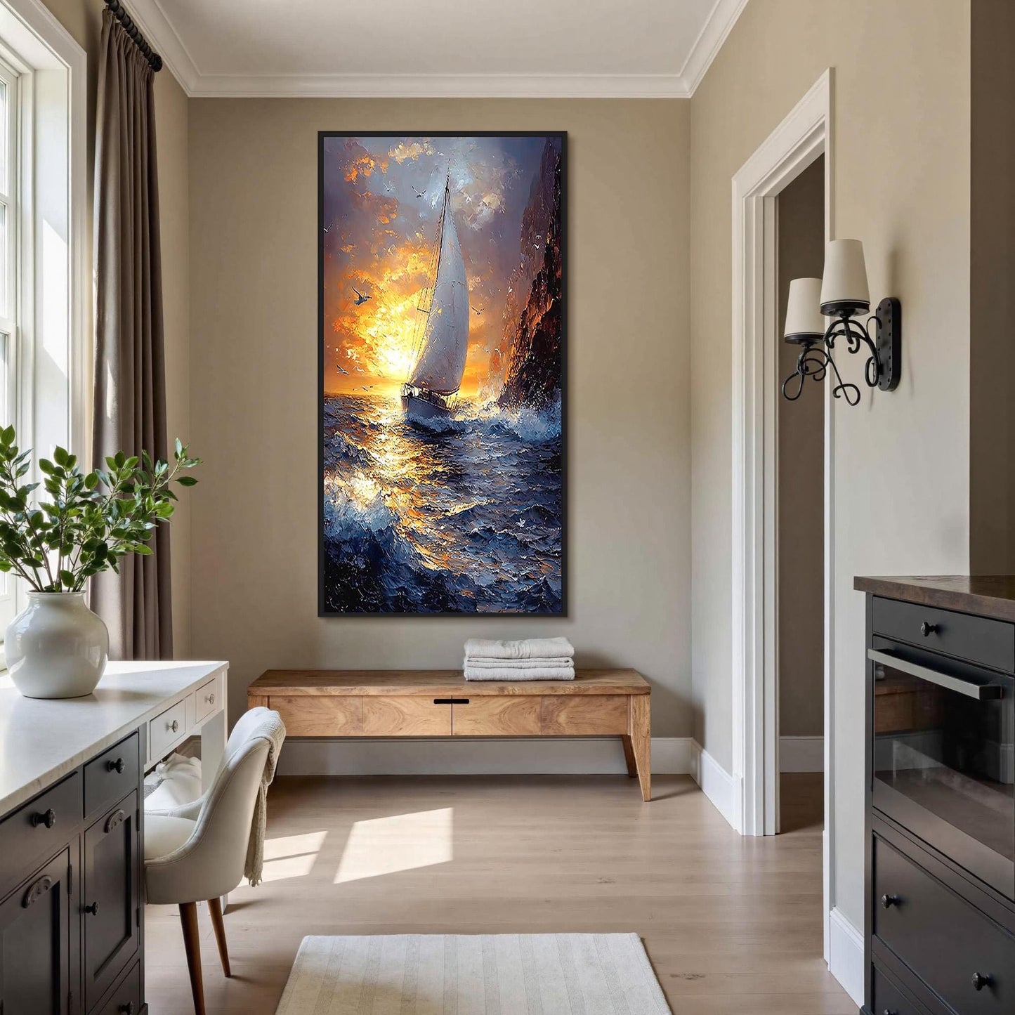 Textured Sailboat Painting, Large Ocean Wall Art, Impasto Seascape at Sunset, Dramatic Coastal Decor, Nautical Canvas Art for