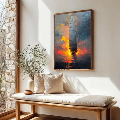 Abstract Ship Painting, Large Textured Wall Art, Modern Industrial Decor, Impasto Monolith Art, Fiery Sunset Seascape for Liv