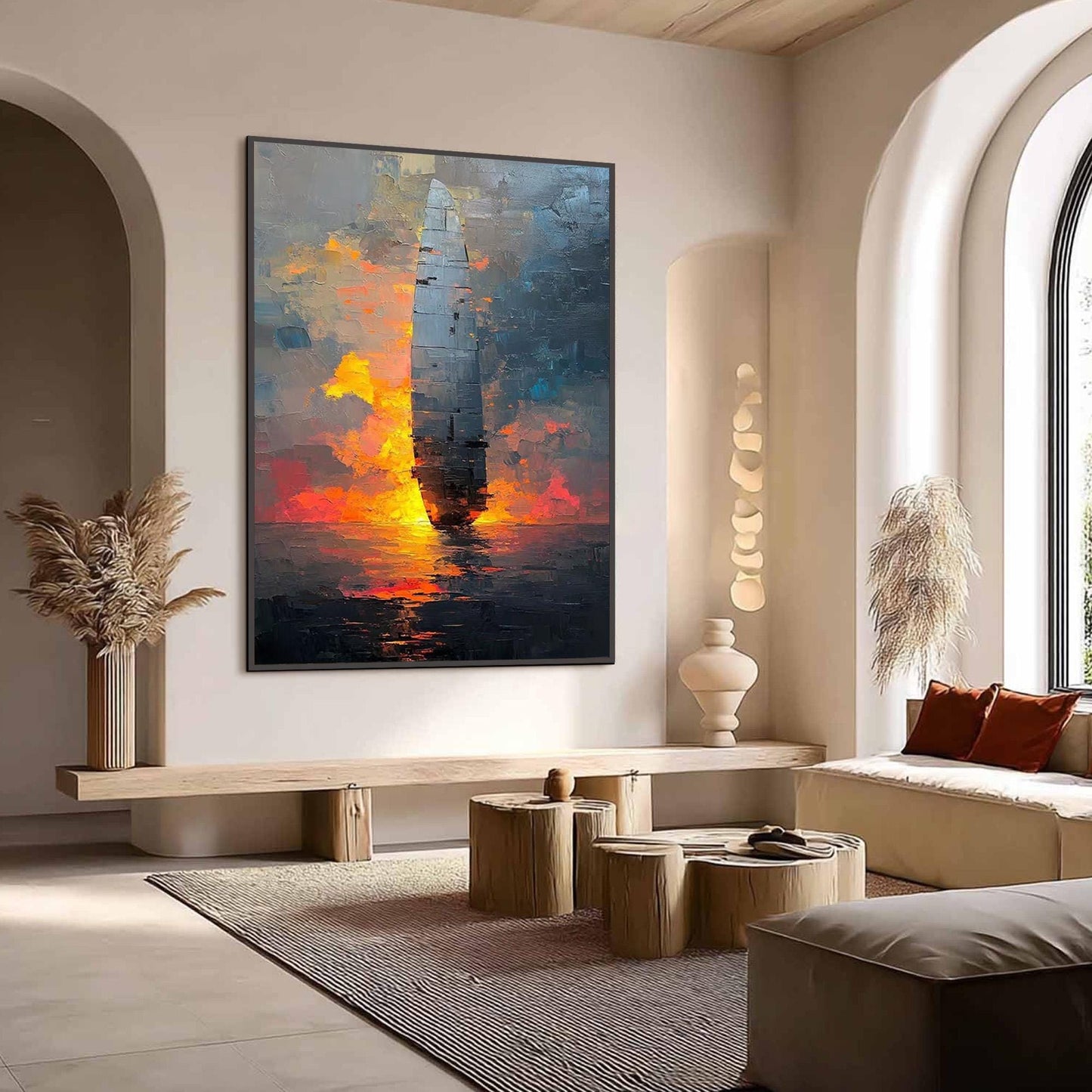 Abstract Ship Painting, Large Textured Wall Art, Modern Industrial Decor, Impasto Monolith Art, Fiery Sunset Seascape for Liv