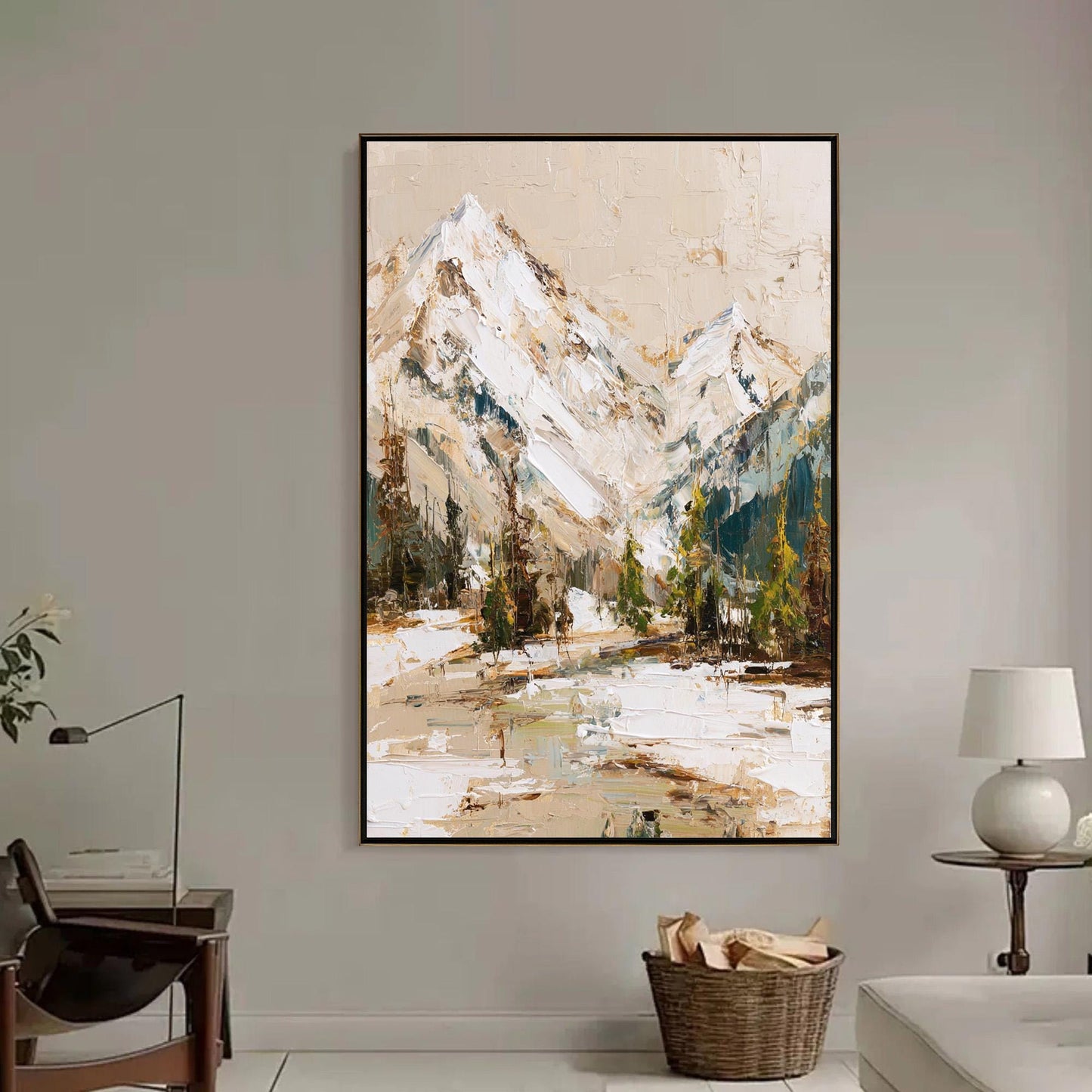 Textured Mountain Painting, Original Impasto Landscape Art, Snowy Peak Wall Decor, Rustic Cabin Art, Neutral Living Room Deco