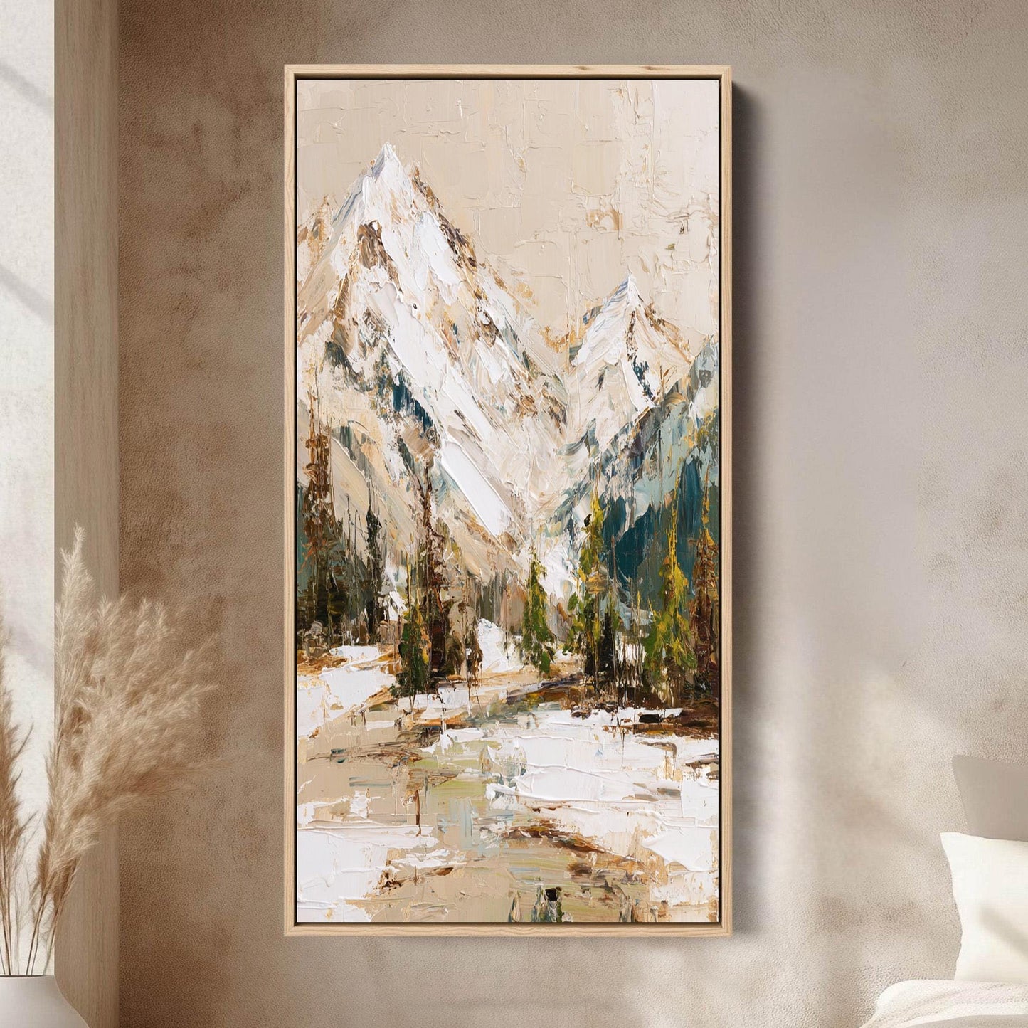 Textured Mountain Painting, Original Impasto Landscape Art, Snowy Peak Wall Decor, Rustic Cabin Art, Neutral Living Room Deco