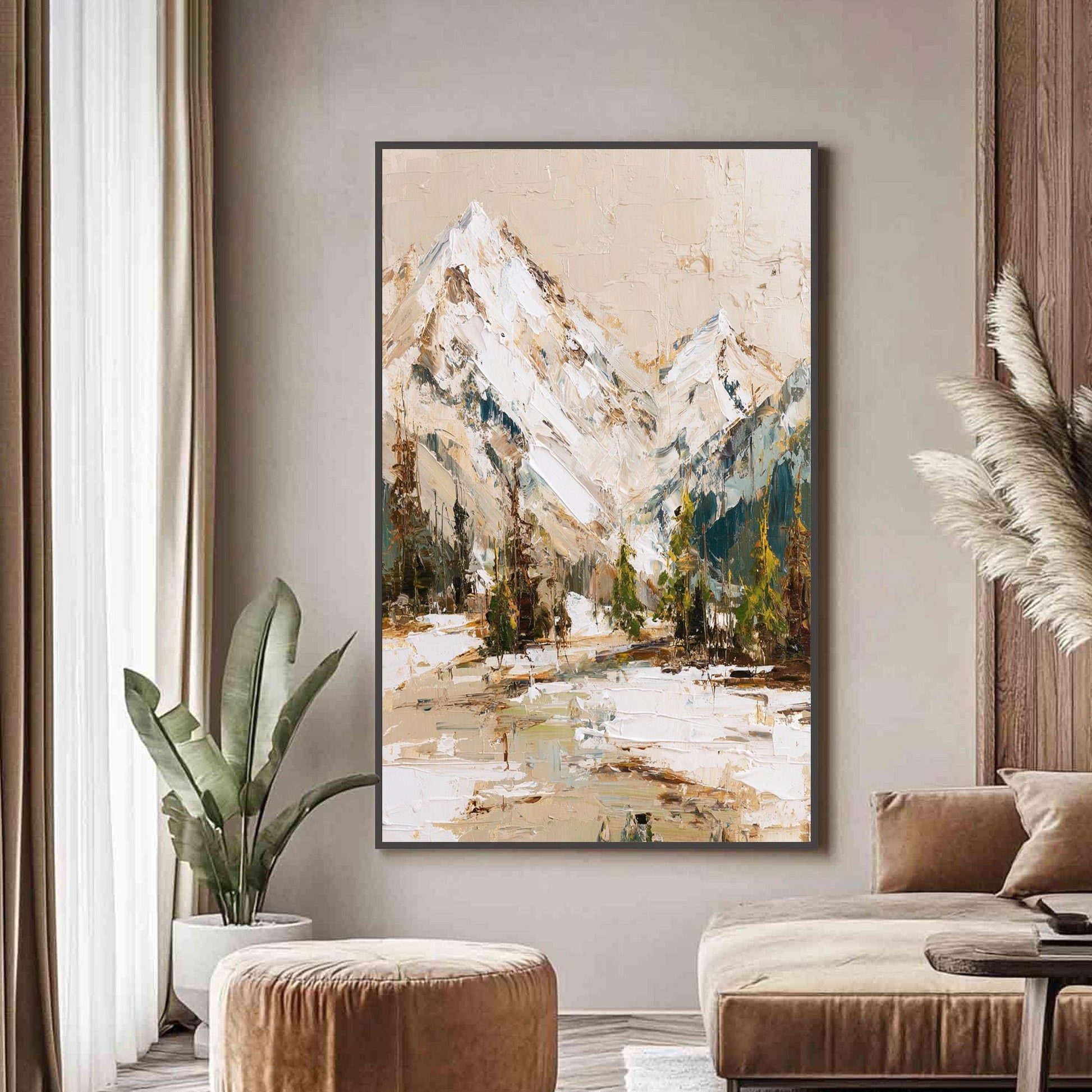 Textured Mountain Painting, Original Impasto Landscape Art, Snowy Peak Wall Decor, Rustic Cabin Art, Neutral Living Room Deco