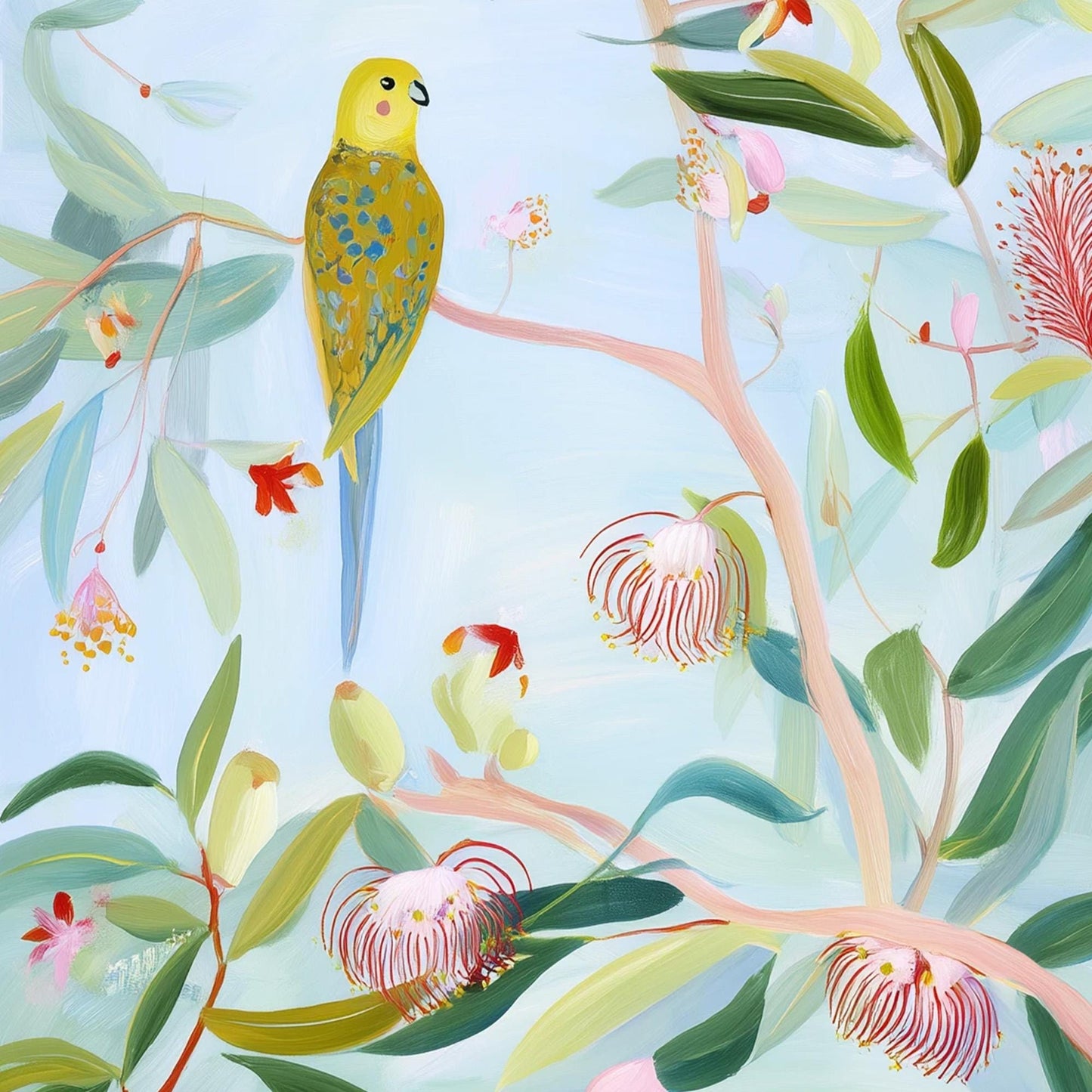 Whimsical Parakeet Animal Wall Art – Abstract Bird Painting on Canvas