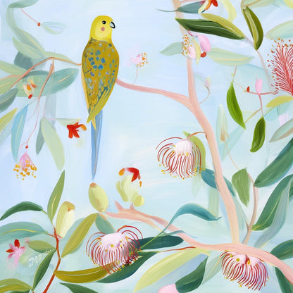 Whimsical Parakeet Animal Wall Art – Abstract Bird Painting on Canvas
