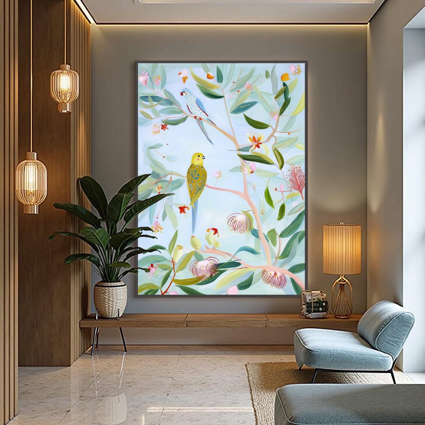 Whimsical Parakeet Animal Wall Art – Abstract Bird Painting on Canvas