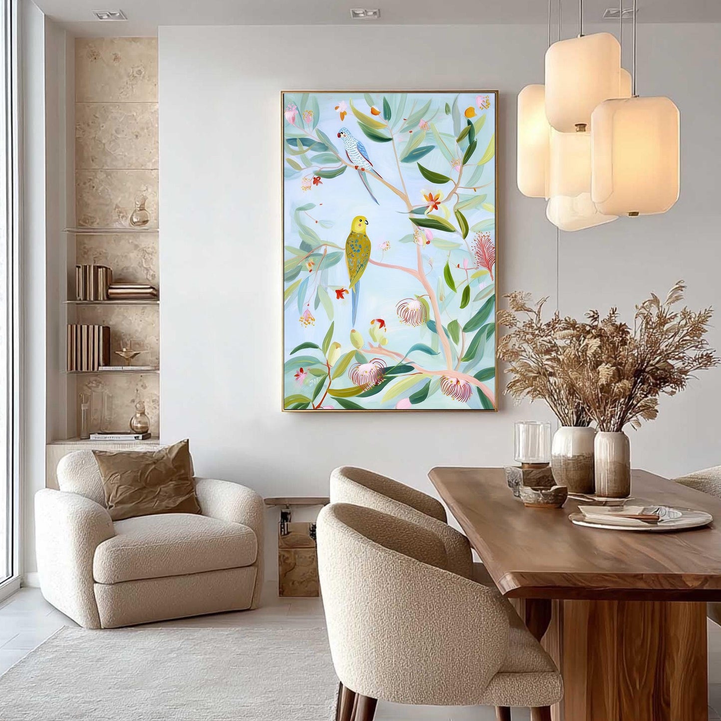 Abstract Bird Painting on Canvas, Whimsical Parakeet Wall Art, Original Botanical Decor, Pastel Blue and Yellow Art for Nurse