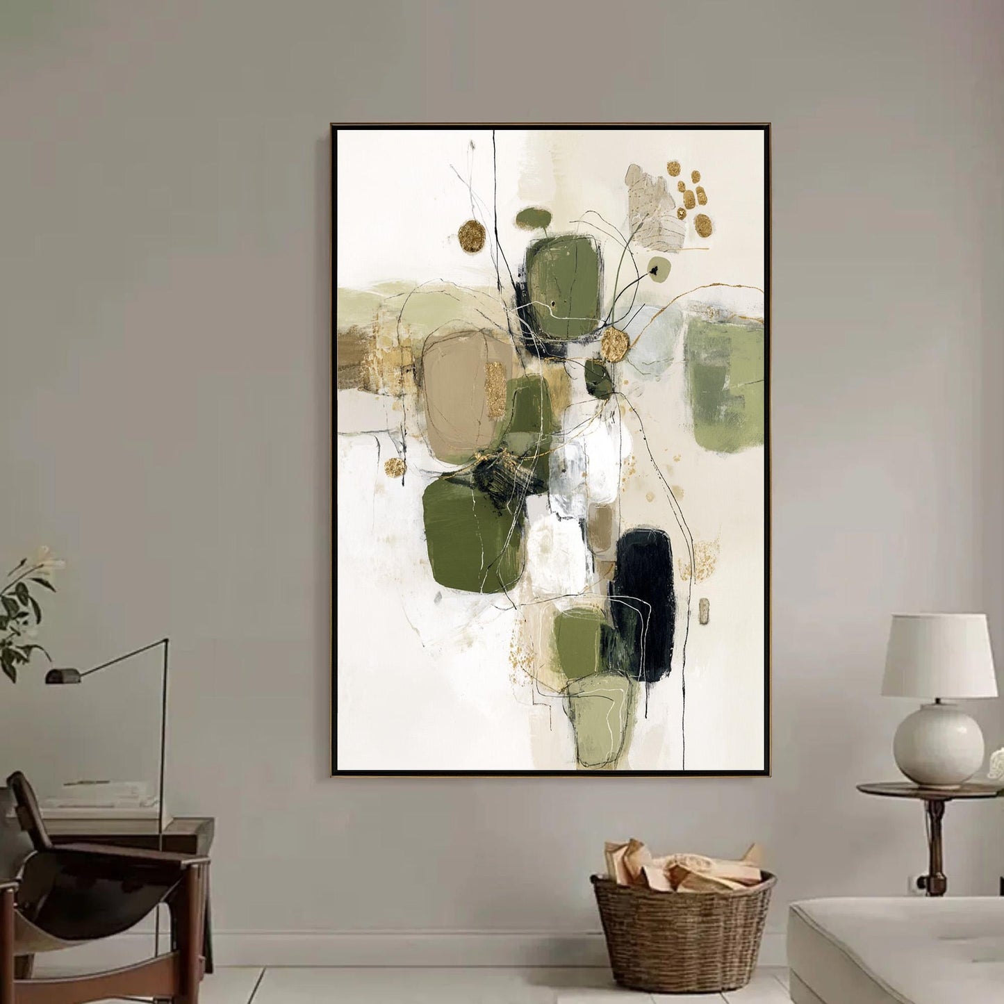 Sage and Green Japandi Textured Abstract Minimalist Wall Art – Green and Gold