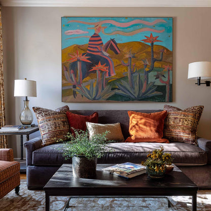 May include: Living room with a dark gray sofa, decorative pillows, and a black coffee table. A large painting of a cowboy on a horse in a desert landscape hangs above the sofa. Two lamps provide soft lighting.