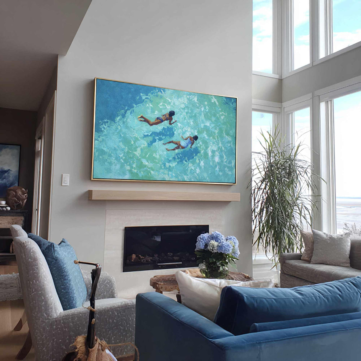 Two Ocean Swimmers Wall Art Turquoise Water Canvas Painting for Coastal Living Room Decor