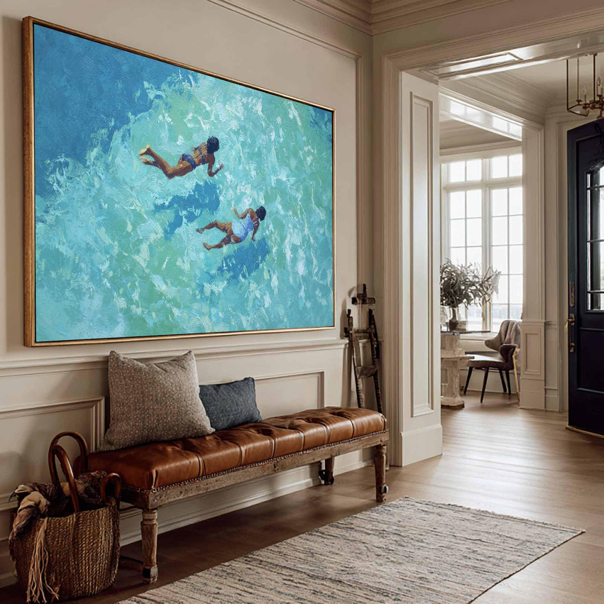 Two Ocean Swimmers Wall Art Turquoise Water Canvas Painting for Coastal Living Room Decor