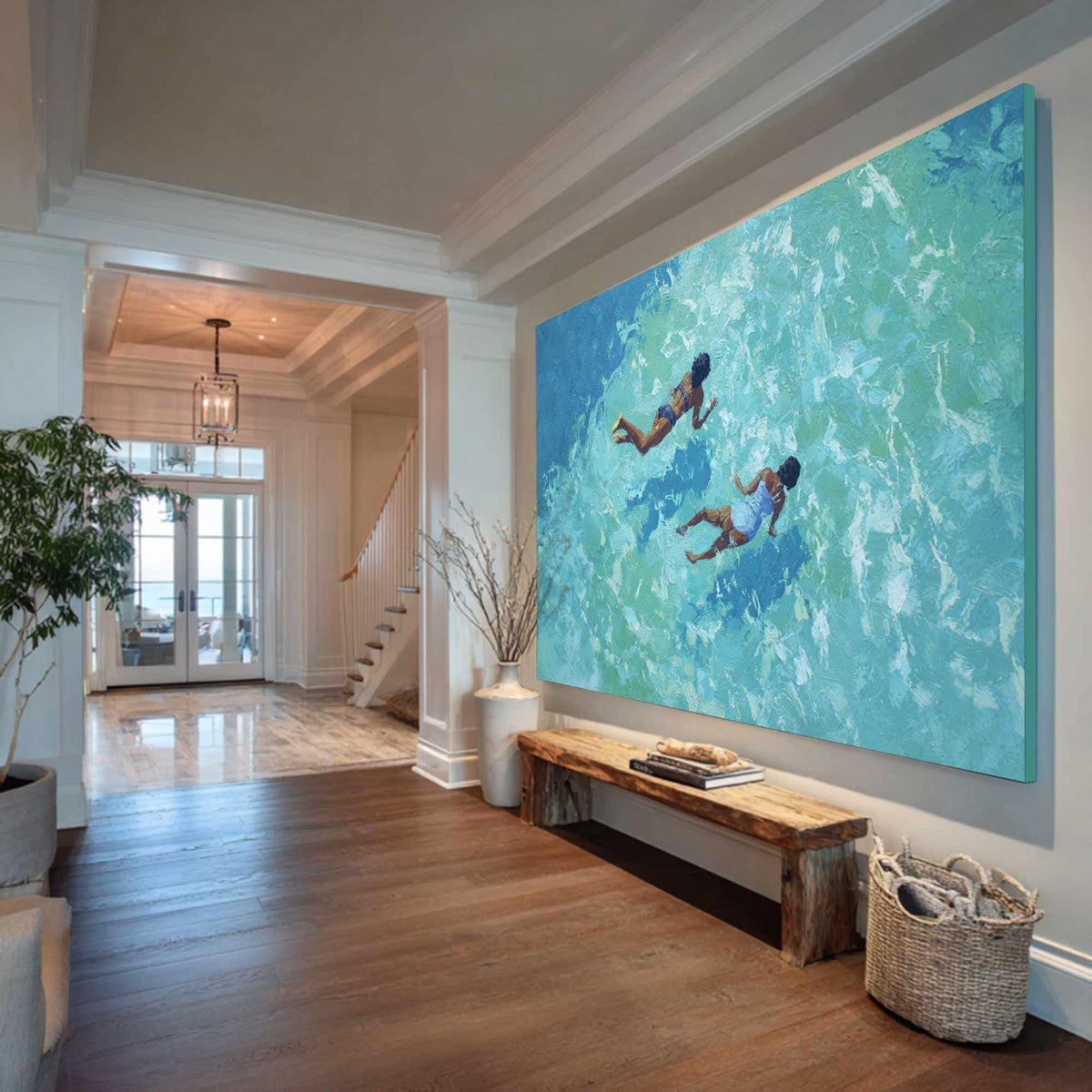 Two Ocean Swimmers Wall Art Turquoise Water Canvas Painting for Coastal Living Room Decor